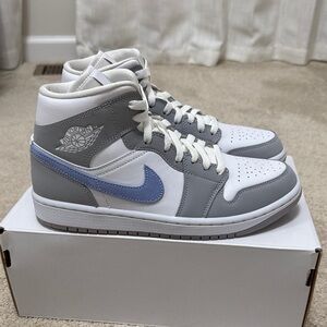 Jordan Mid Top Sneakers - White, Grey & Light Blue Swoosh